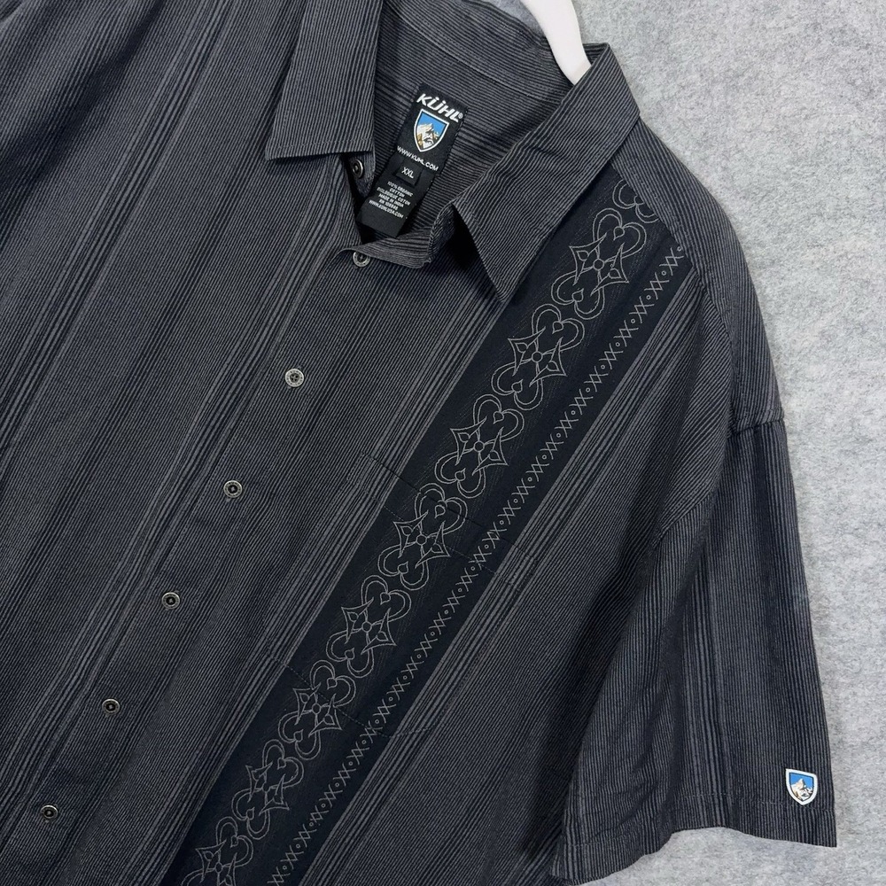 Kuhl Button Down Shirt Mens XXL Black Stripe Embroidered Organic Cotton